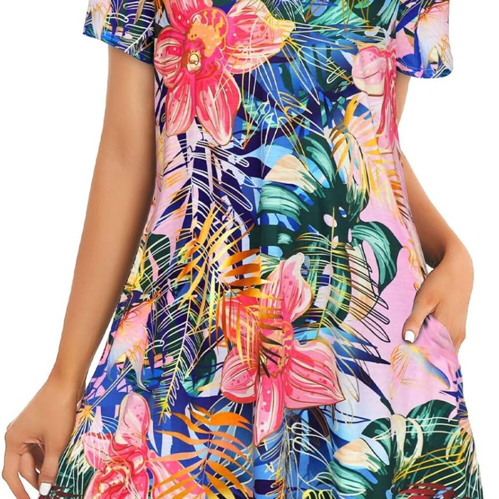 Womens Summer Dresses Beach Casual Loose Tshirt Floral Short Sleeve Flowy Pocket
